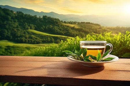 Tea leaves and a cup on a wooden table with a tea plantation backdropの素材