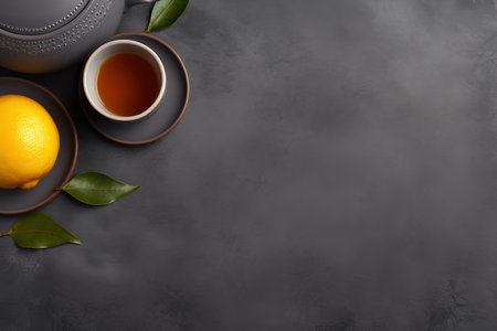 Tea cup and pot with lemon on grey background from topの素材