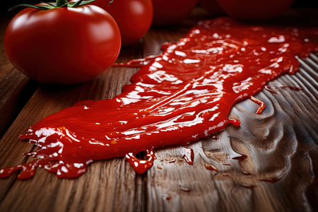 Tomato paste on wooden surface with conceptual backdropの素材