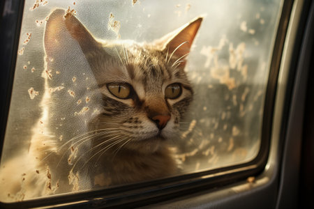 Tinted film and cat footprints on dusty windshield in detailの素材
