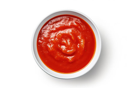 Top view of tomato sauce in a white bowlの素材