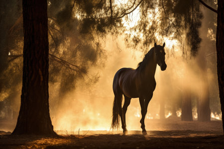 Stunning Arabian horse silhouette in hazy morning sunlight framed by treesの素材