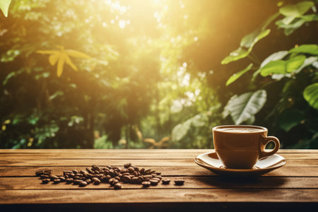 Warm tone wood table garden coffee espresso in nature backgroundの素材