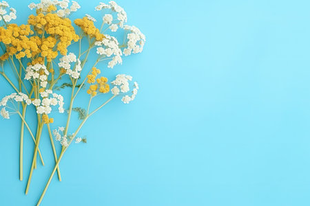 Top view of a light blue background with dried yellow baby s breath flowers flat lay style with emptの素材
