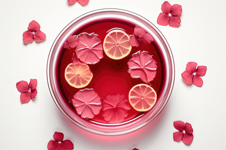 Top view of a creative cup of hibiscus tea and lemon on a white backgroundの素材