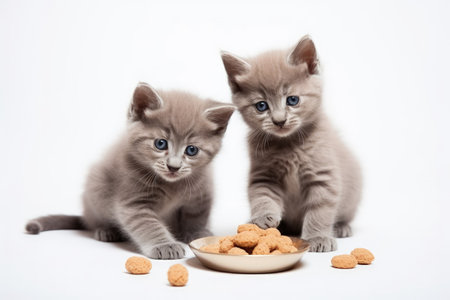 Two gray kittens eating dry food on a white background Cat food shopの素材