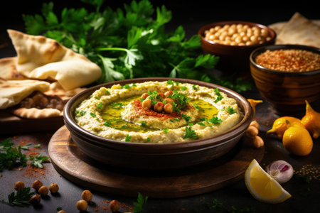 Traditional Jewish dishes like homemade hummus falafel and chickpeaの素材