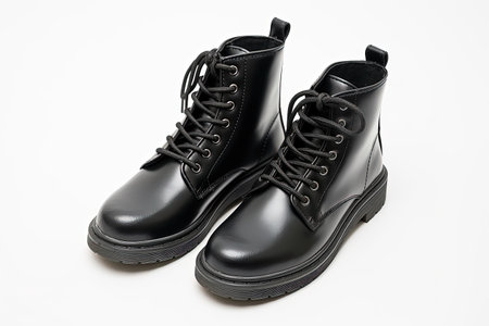 Trendy black leather boots with bootlace on white background Classic footwear for fashionable youthの素材