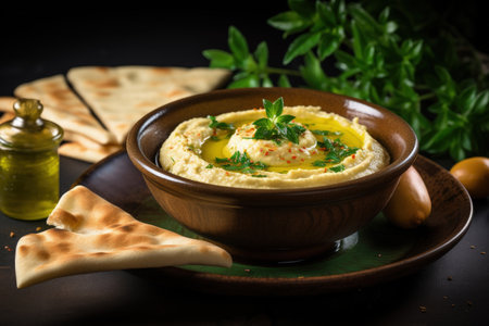 Traditional Middle Eastern cuisine featuring classic hummus herbs olive oil in a vintage ceramic bowの素材