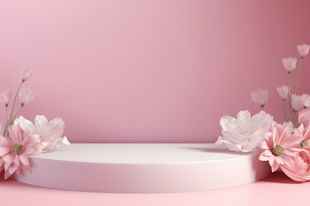 Unadorned pink background embellished with flower adorned empty stands Cosmetic or beauty promotionsの素材