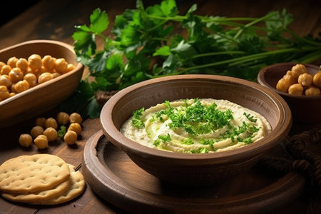 Vegetarian dish of chickpeas served on a wooden plate with parsley and croutonsの素材