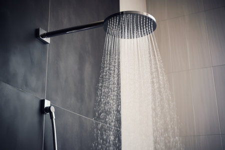 Water flowing from shower head in bathroomの素材