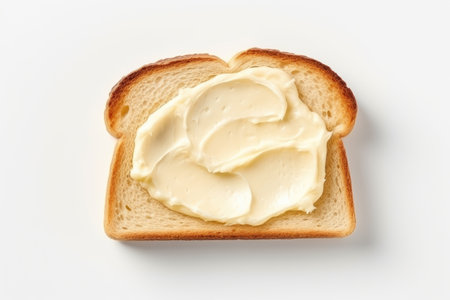 Bread with cream cheese and melted cheese on top isolated on a white backgroundの素材