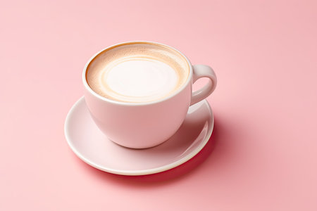 Cappuccino and milk in a coffee cup on a pink background Espresso with foam Space to add textの素材