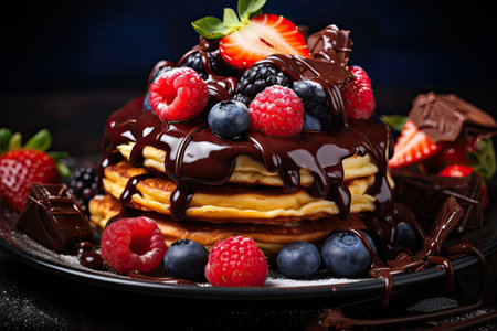 Chocolate glazed pancakes with a mix of berries selectively focused for toningの素材