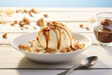 Caramel sauce and ground nuts on a white wooden table accompanying ice creamの素材
