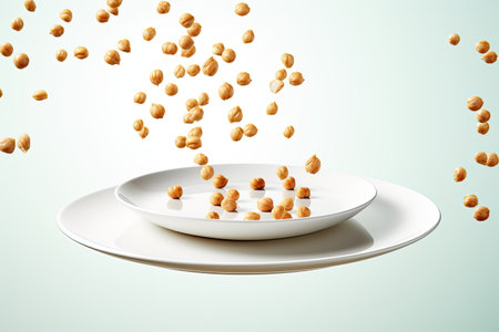 Chickpeas flying with plates on white background a creative concept for cookingの素材