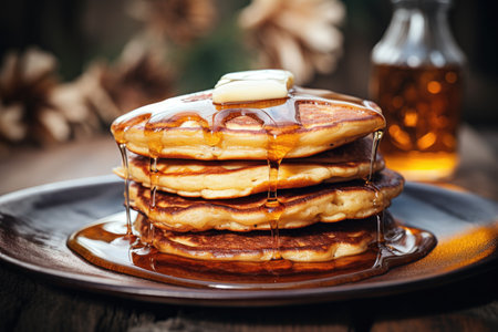 Closeup photo of homemade pancakes with butter and maple syrupの素材