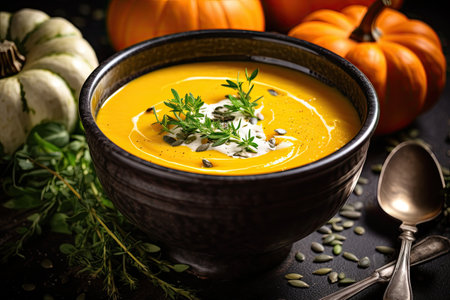 Dark style autumn dish pumpkin cream soup with thyme vegan and vegetarian Dark wooden backgroundの素材