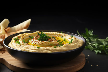 Delicious dining experience with hummus in a bowl showcased on a gray backgroundの素材
