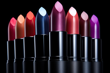 Colorful lipsticks on black background palette of lipstick tints professional makeup concept closeupの素材