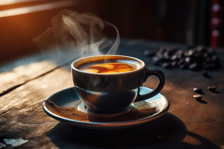 Delicious hot coffee in a cup on the tableの素材