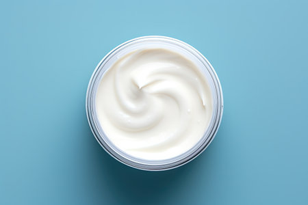Cream or balm for face body and hair on blue backgroundの素材
