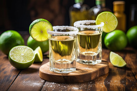 Tequila shots served with lime on bar tableの素材