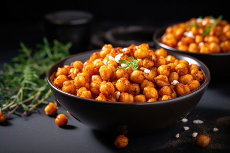 Trendy vegan snack Spicy chickpeas roasted and shown on dark backgroundの素材