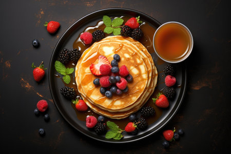 Top view of pancakes fresh berries and maple syrup on grey backgroundの素材