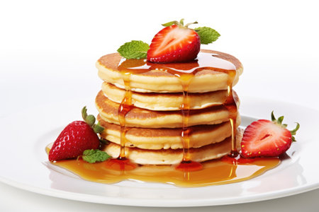 White background isolated pancakes with fresh strawberries and syrupの素材