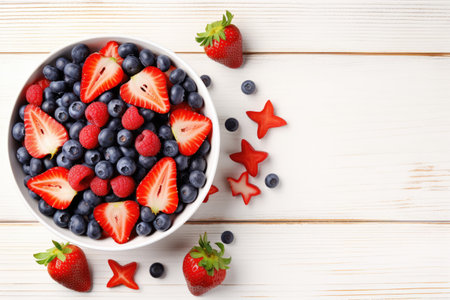 Top view of fruit salad on a white wooden background with strawberries blueberries and cherriesの素材