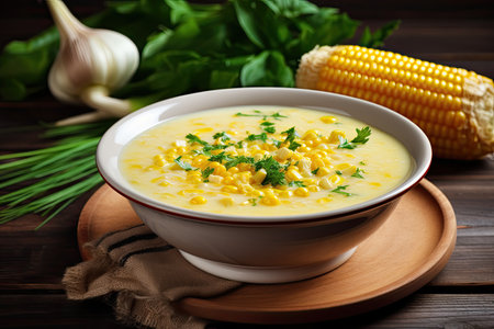 White bowl with corn soup on wooden backdropの素材