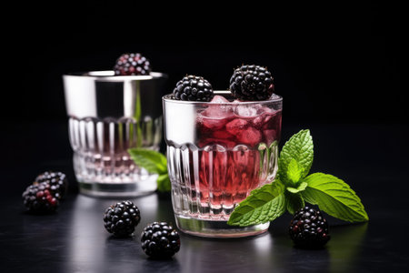 Two berry cocktails in whiskey glasses with a shaker Mint and blackberries on gray background Copy sの素材