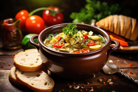 Vegetarian pasta soup on a wooden tableの素材