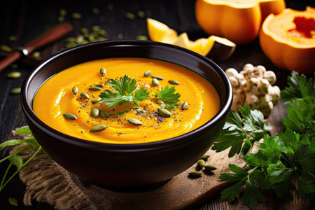Vegan pumpkin soup with parsley olive oil and pumpkin seeds in a bowl on a dark wooden backgroundの素材
