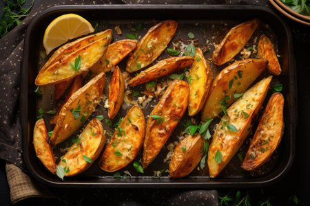 Top view of homemade vegan potato wedges with cheese herbs and vegetables copy spaceの素材