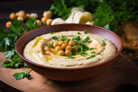 Vegetarian chickpea dish with hummus served on a wooden plate with parsley and croutonsの素材
