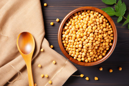 Top down view of delicious vegan dish steamed gold chickpeas in a bowl on a tablecloth served with aの素材