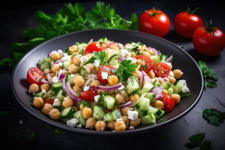 Vegetarian salad featuring chickpeas tomatoes cucumber feta parsley onions lemon on gray backdrop toの素材