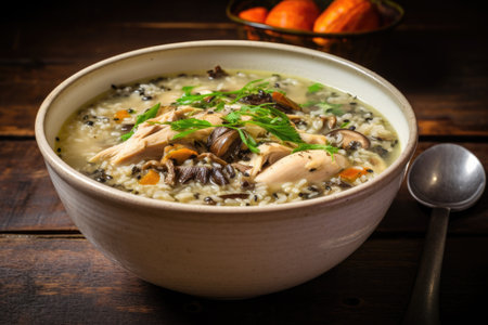 Wild rice and chicken soup made at home served in a bowlの素材