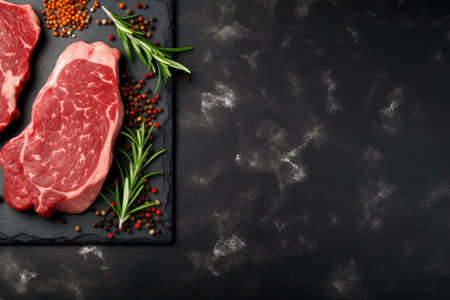 Top view of marbled organic beef steak with spices on a wooden board against a dark backgroundの素材