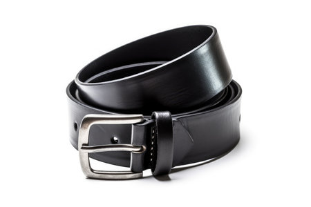 Top view of a white background with an isolated strap in black leatherの素材