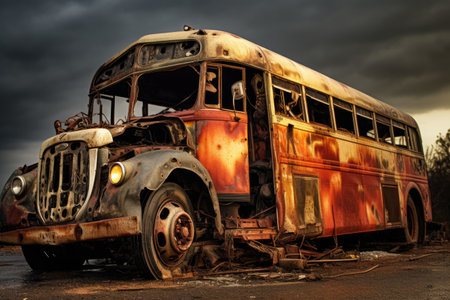 A tow truck with a charred busの素材