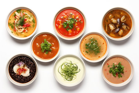 Assorted restaurant hot dishes healthy cuisine Japanese miso Asian fish soup Russian borscht Englishの素材