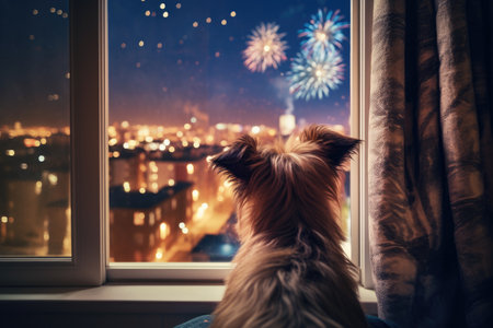 Canine observing fireworks through windowの素材