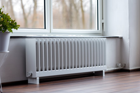 A steel radiator is positioned under a windowsill on a white wallの素材