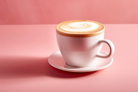 Cappuccino and milk in a coffee cup on a pink background Espresso with foam Space to add textの素材