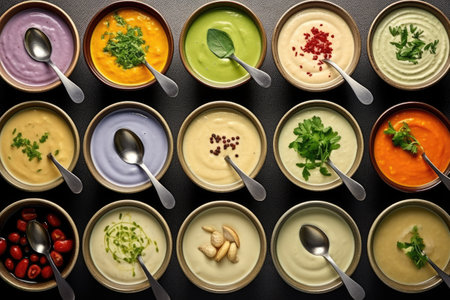 Assorted vegan cream soups displayed from aboveの素材