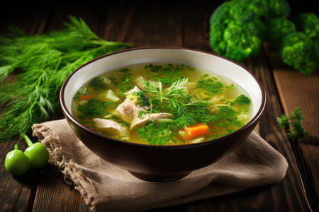 Chicken soup with vegetables in a white bowl on a rustic wooden background Top viewの素材